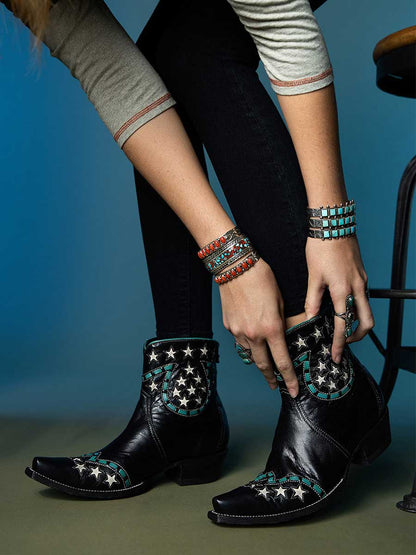 Black Vegan Leather Snip Toe Star Patch-Work Cowgirl Ankle Boots With Chunky Heels