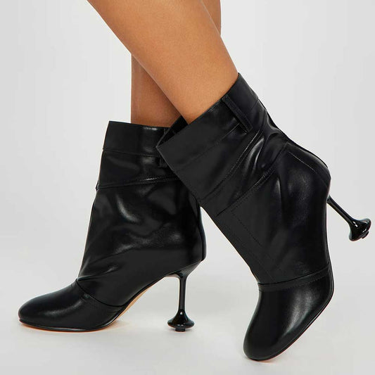Black Round Toe Wide Ankle Boots Sculptural Heel Booties for Women