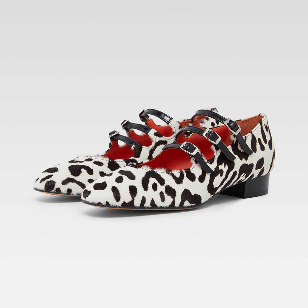 Stylish White & Black Square Toe Leopard Print Mary Jane Flats
