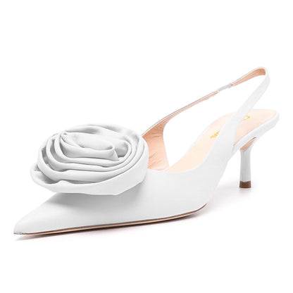 Women's Pointed Toe Kitten Heel Flower Decor Slingback White Pumps