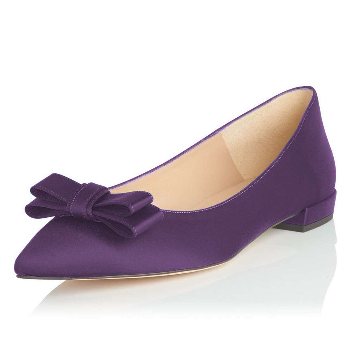 FSJ Purple Satin Women's Pointed Toe Flats with Bow
