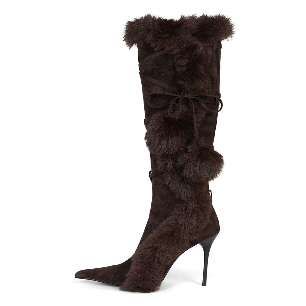 Brown Pointed Toe Faux Fur Detail Wrap-Around Knee High Boots