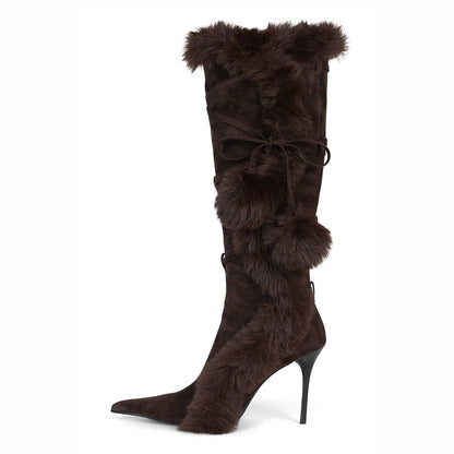 Brown Pointed Toe Faux Fur Detail Wrap-Around Knee High Boots