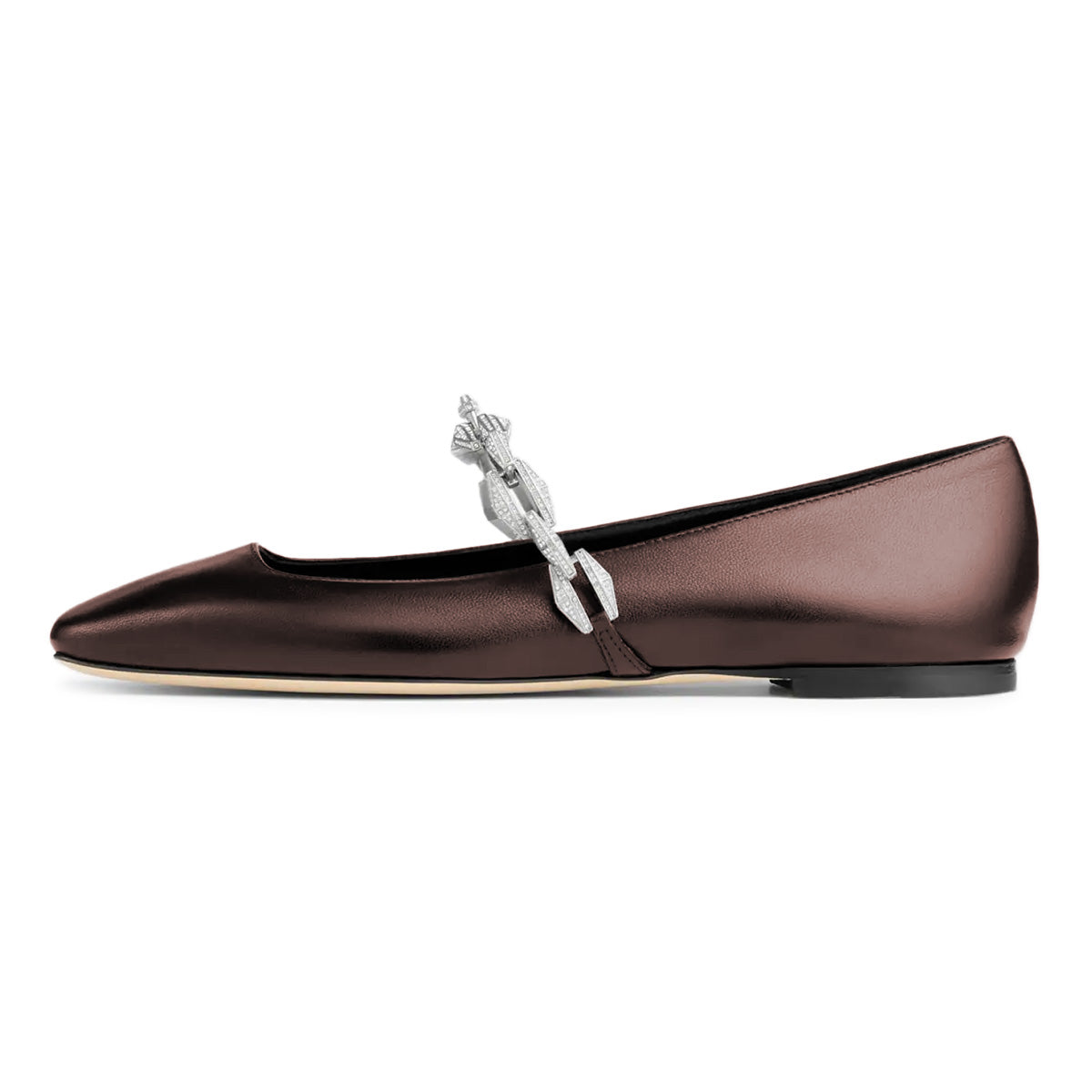 Brown Slip-On Square Toe Rhinestone Chain Ballet Flats with Straps