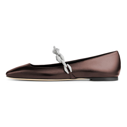Brown Slip-On Square Toe Rhinestone Chain Ballet Flats with Straps