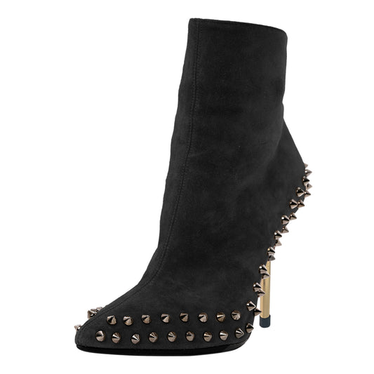 Black Vegan Suede Pointy Toe Women's Heeled Ankle Boots with Rivets
