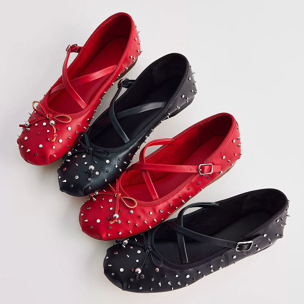 Red Round Toe Studded Mary Jane Ballet Flats with Bow Decor