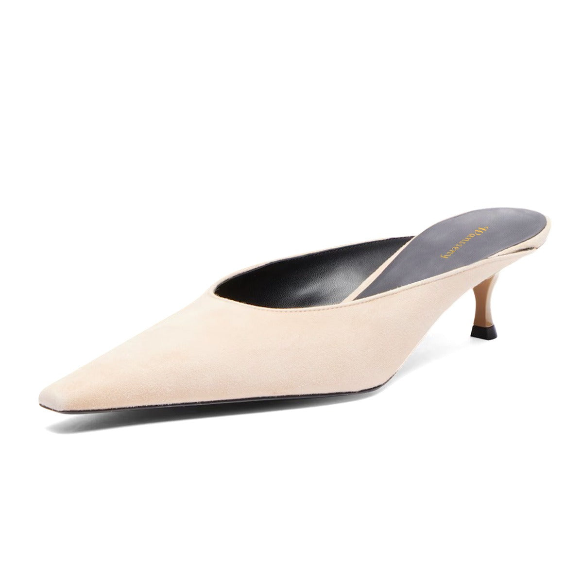 Beige Pointed Toe Slip-On Kitten Heel Vegan Suede Mules Shoes