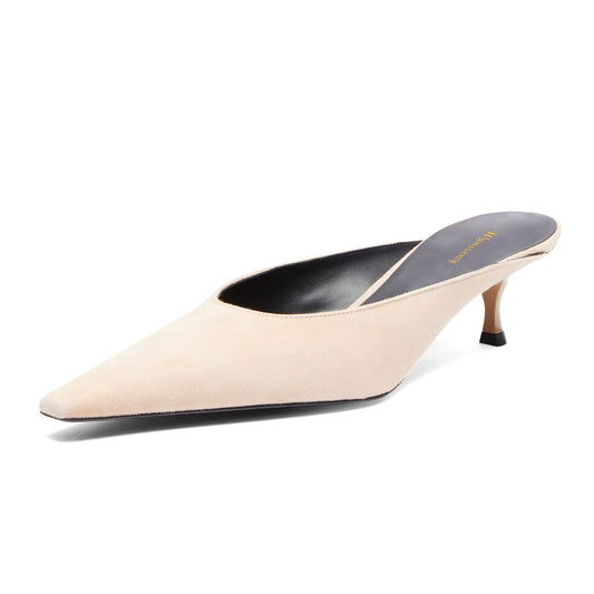 Beige Pointed Toe Slip-On Kitten Heel Vegan Suede Mules Shoes