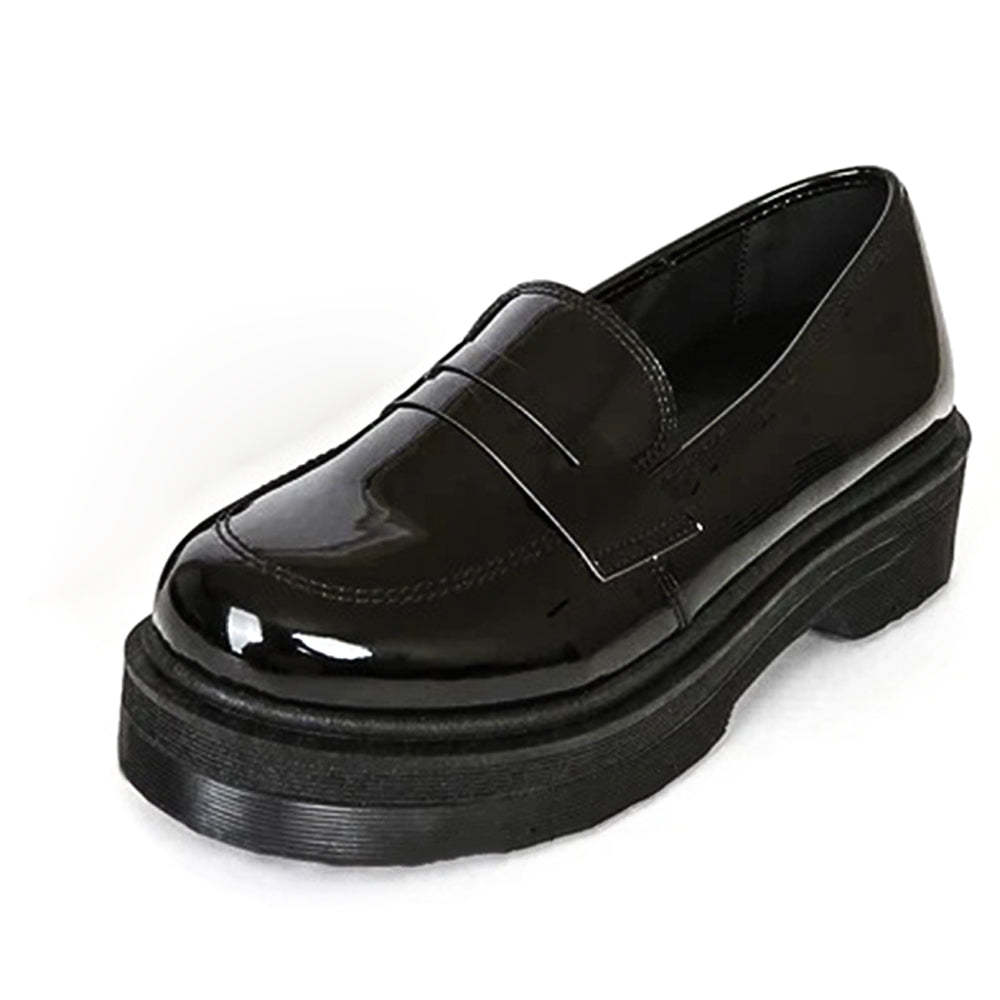 Classic Black Round Toe Patent Leather Chunky Loafers for Women
