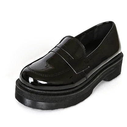 Classic Black Round Toe Patent Leather Chunky Loafers for Women