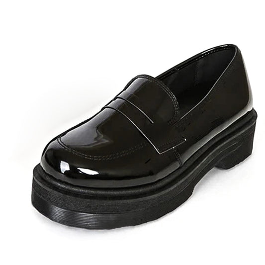 Classic Black Round Toe Patent Leather Chunky Loafers for Women