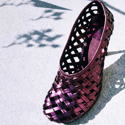 Stylish Metallic Round Toe Spool Heel Woven Pumps Shoes in Purple