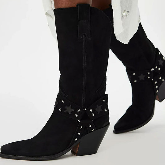 Black Vegan Suede Star Studded Chunky Heel Women's Western Boots