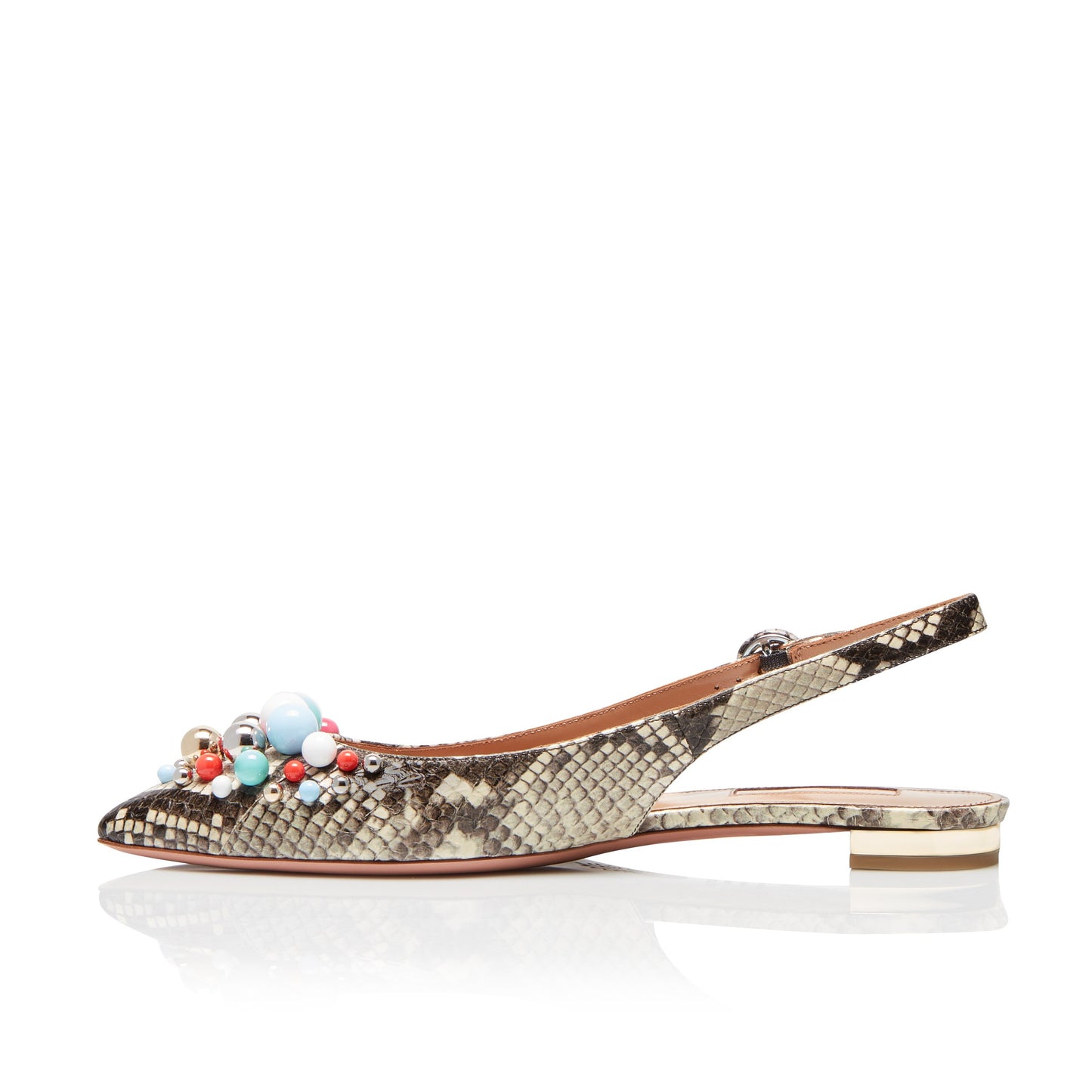 Snakeskin Embossed Buckled Slingback Shoes Beaded Pointed Toe Flats