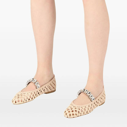 Beige Woven Round Toe Cutout Crystal Strap Flat Shoes Women
