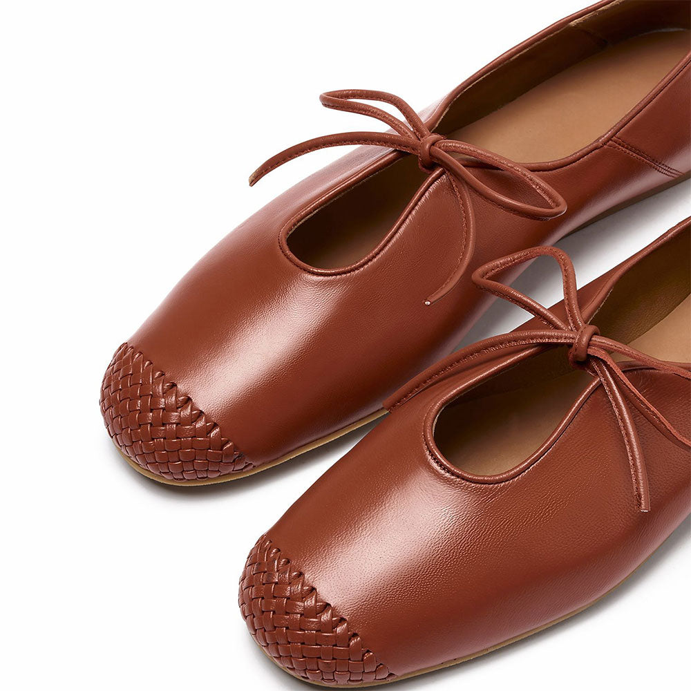 Comfortable Brown Woven Detail Round Toe Tie-Up Ballet Flats