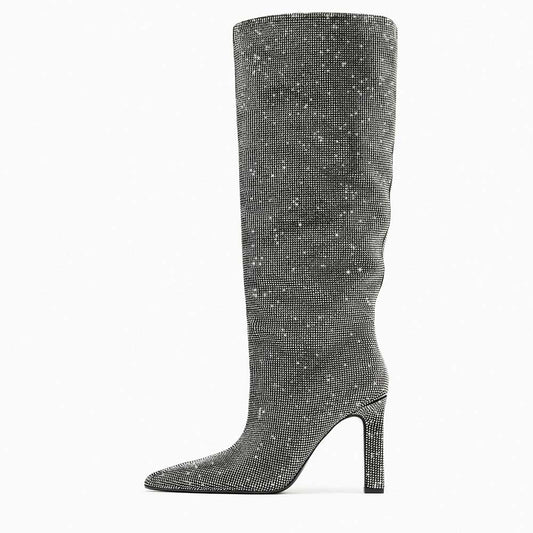Silver Rhinestone Pointed Toe Chunky Heel Wide Calf Knee High Boots