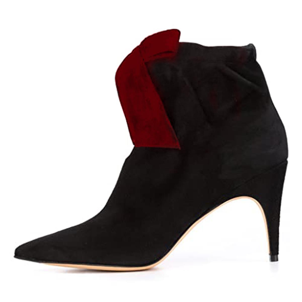 Women's Vegan Suede Pointed Toe Bowknot Decor Heeled Ankle Boots