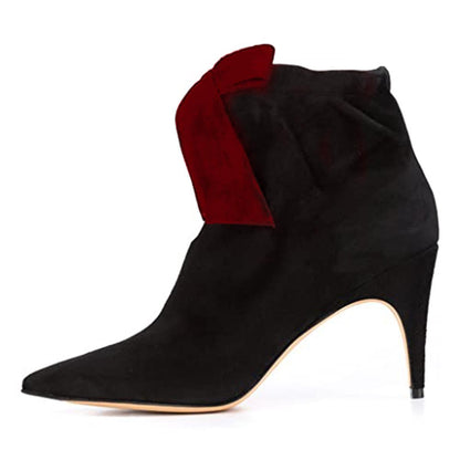 Women's Vegan Suede Pointed Toe Bowknot Decor Heeled Ankle Boots