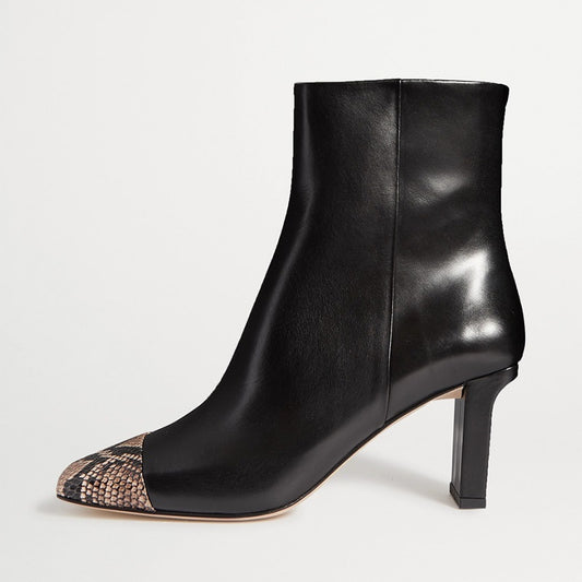 Black Python Square Cap Toe Ankle Boots with Sculptural Chunky Heel