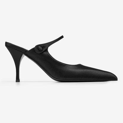 Black Closed Pointed Toe Stiletto Heel Buckled Strap Mules for Women