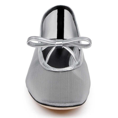 Comfortable Silver Mesh Round Toe Ballet Flats with Bow Decor