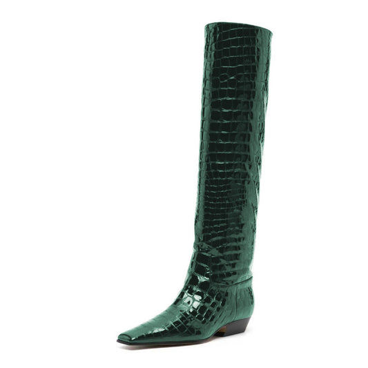 Green Crocodile Embossed Square Toe Low Heel Knee High Boots for Women