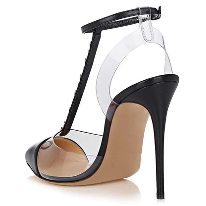 Women's Transparent PVC Patchwork Rivets T-Strap Black Pumps