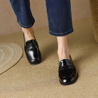 Black Patent Leather Closed Toe Chunky Heel Formal Loafers