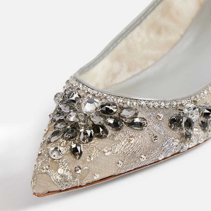 FSJ Silver Pointed Toe Rhinestone Decor Women's Dress Flats