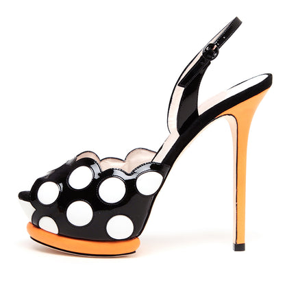 Black Peep Toe Platform Stiletto Heels Polka Dot Slingback Sandals