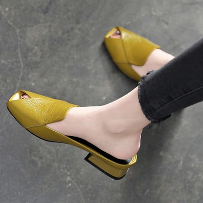 Yellow Opened Toe Chunky Heel Wide Band Mules