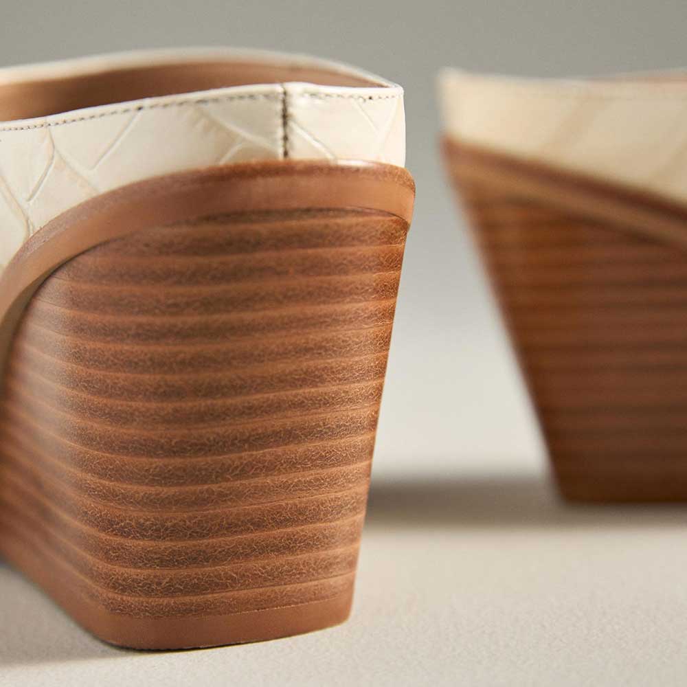 Beige Crocodile Embossed Almond Toe Western Wedge Heeled Mules