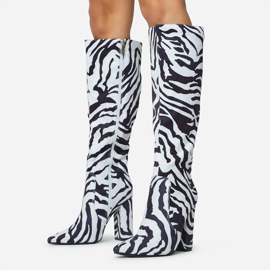 Women's White & Black Zebra Print Chunky Heel Zipper Knee High Boots