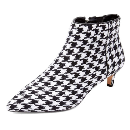 Women's Black and White Houndstooth Kitten Heel Ankle Boots with Zip