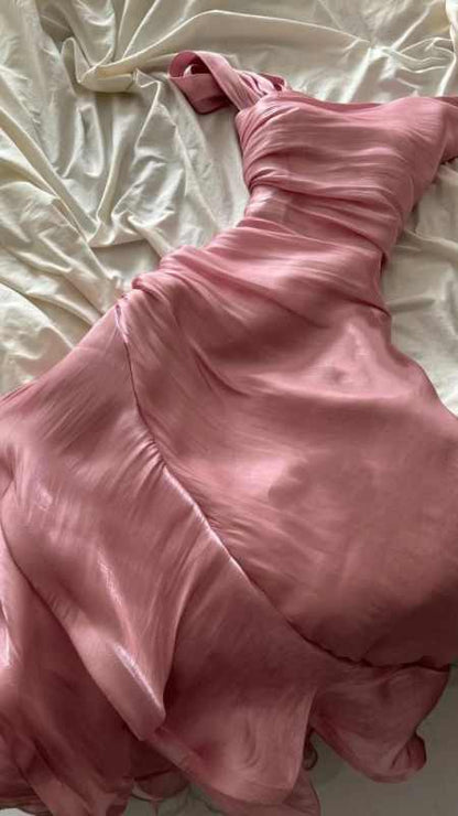 Pink Asymmetric Ruched Mermaid Evening Dress – Satin Ruffled Formal Gown TP5072