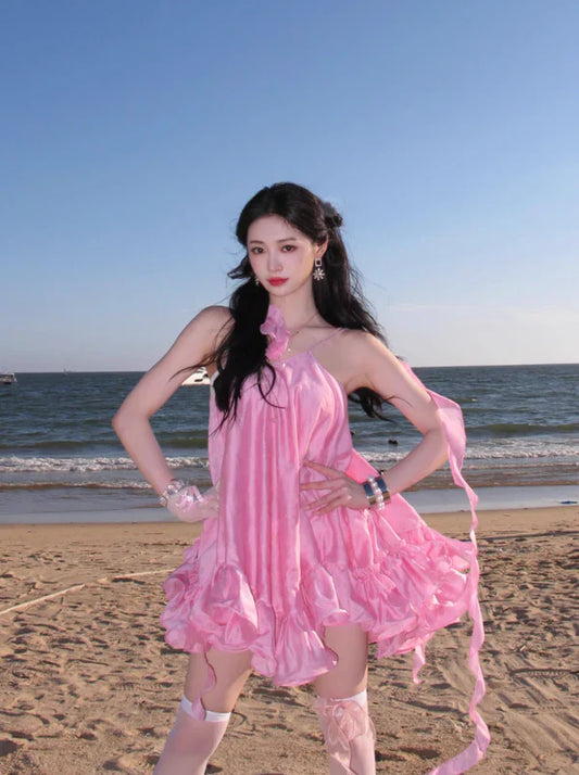 Cute Pink Ruffle Short A-Line Satin Party Dress Cocktail Dress Homecoming Dress TP4429