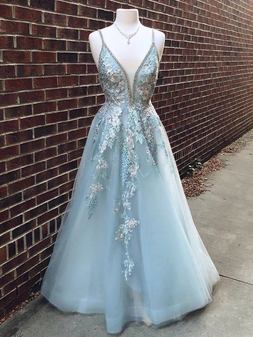 A-line V Neck Tulle Prom Dress With Floral Embroidery,WP129