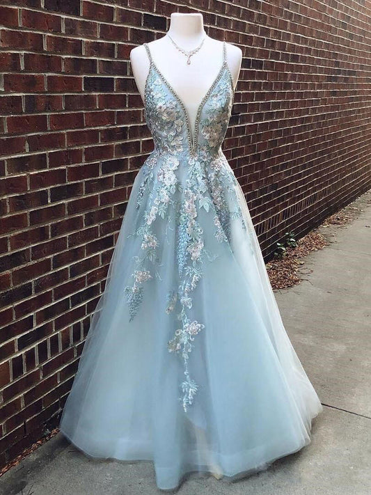 A-line V Neck Tulle Prom Dress With Floral Embroidery,WP129