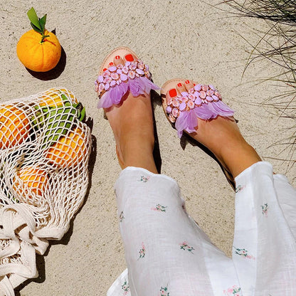 Light Purple Open Toe Rhinestones Feather Flats Slingback Sandals