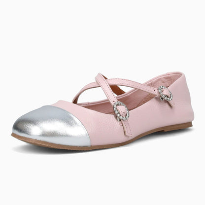 Pink & Silver Square Toe Rhinestone Embellished Cross Strappy Flats