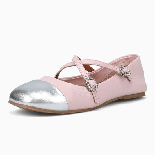 Pink & Silver Square Toe Rhinestone Embellished Cross Strappy Flats