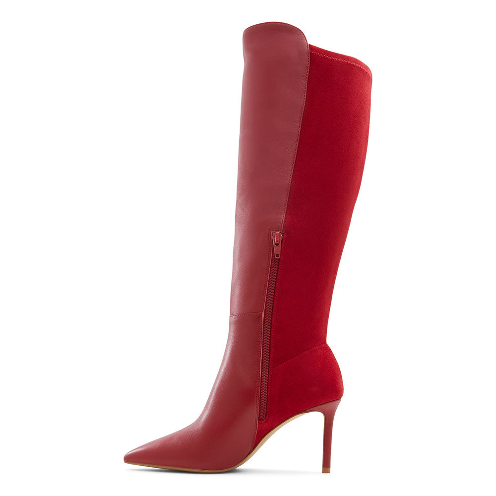 Maroon & Red Pointy Toe Stiletto Heel Knee High Boots with Zipper