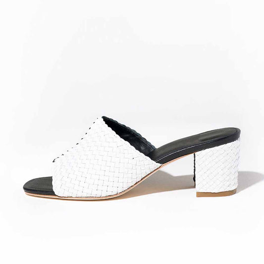 Black & White Woven Square Toe Block Heel Mules Sandals for Women