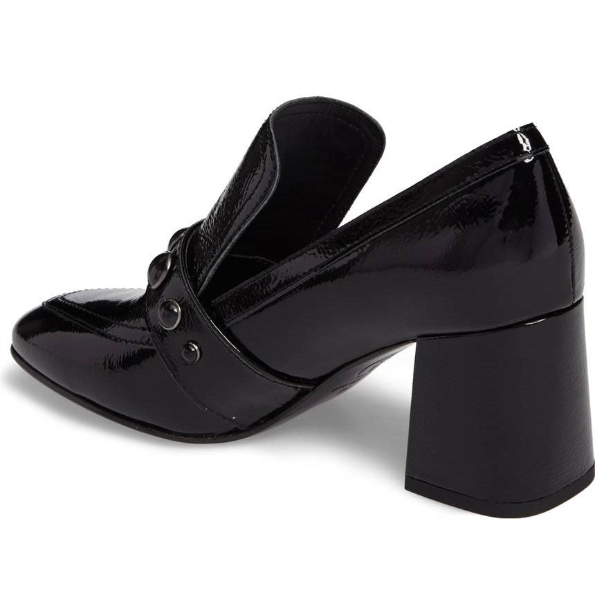 Stylish Black Studded Strap Block Heel Women's Loafers