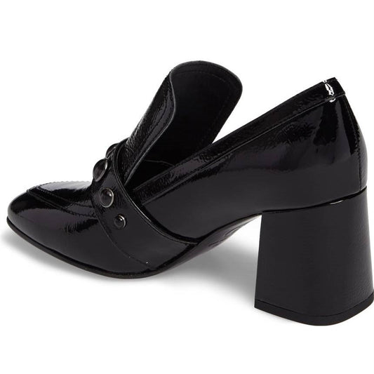 Stylish Black Studded Strap Block Heel Women's Loafers