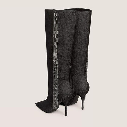 Pointed Toe Zip Rhinestone Fringe Knee High Boots in Dark Grey
