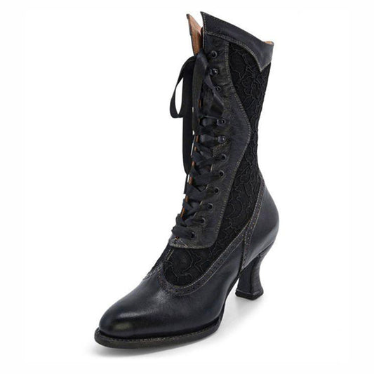 Black Lace Almond Toe Spool Heel Mid Calf Boots for Women with Ribbon