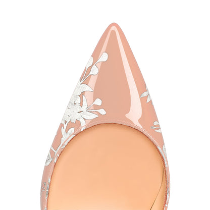 Women's Elegant Blush Patent Leather Pointed Toe Floral Pumps Heels